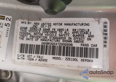 2007 Toyota Corolla Ce from USA, damaged, VIN 1NXBR32E47Z932936